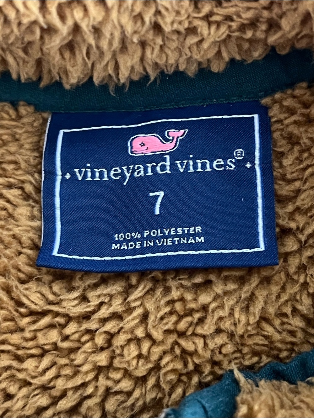 Vineyard Vines Kids Tan Carmel Sherpa Plush Jacket Green Trim Whale Size 7 - Picture 2 of 8